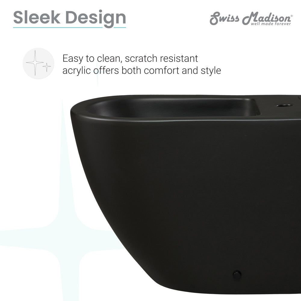 Floor-mount bidet in matte black with sleek, scratch-resistant acrylic and classic design.