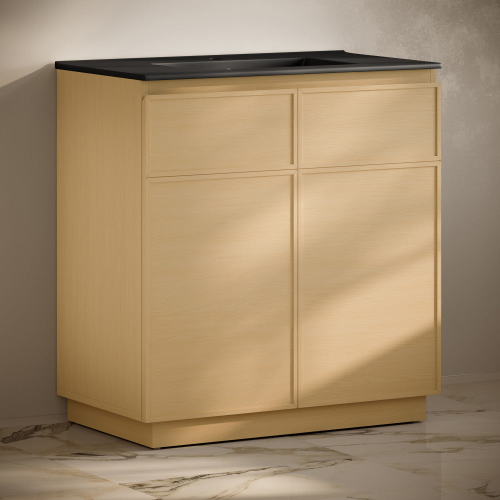 St. Tropez 36" Freestanding Bathroom Vanity in Natural Oak with Black Sink Top