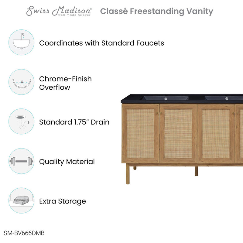 Classe 60" Freestanding Bathroom Vanity in Golden Oak with Black Double Basin Sink Top