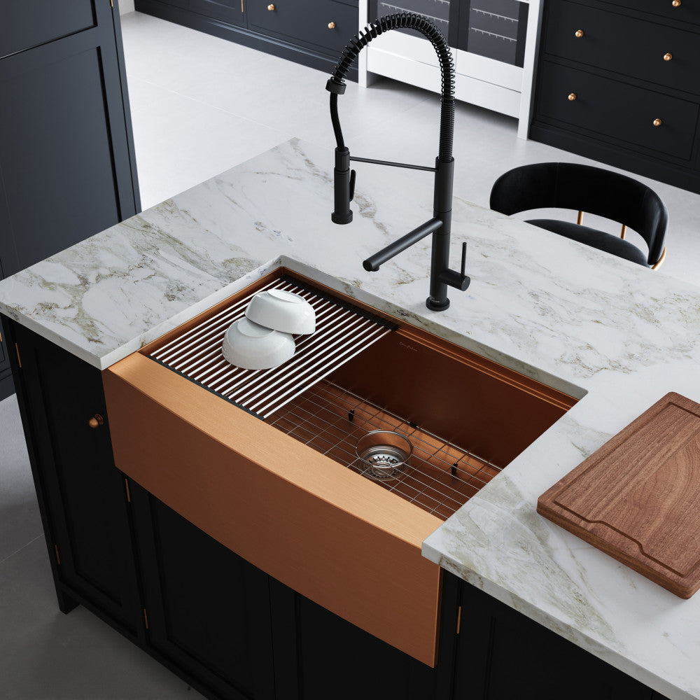 Tourner 33 x 22 Stainless Steel, Single Basin, Farmhouse Kitchen Workstation Sink with Apron in Rose Gold