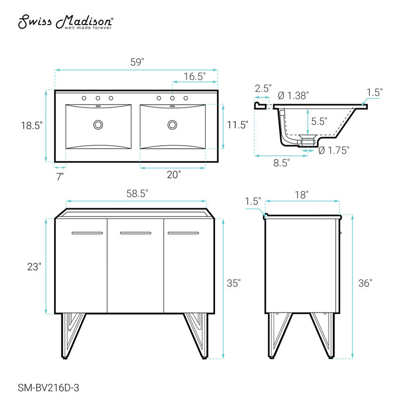 Annecy 60 in. White, Double Basin Bathroom Vanity With White, 3-Hole Artificial Stone Sink Top