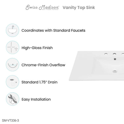 36" Ceramic Vanity Top with Three Faucet Holes