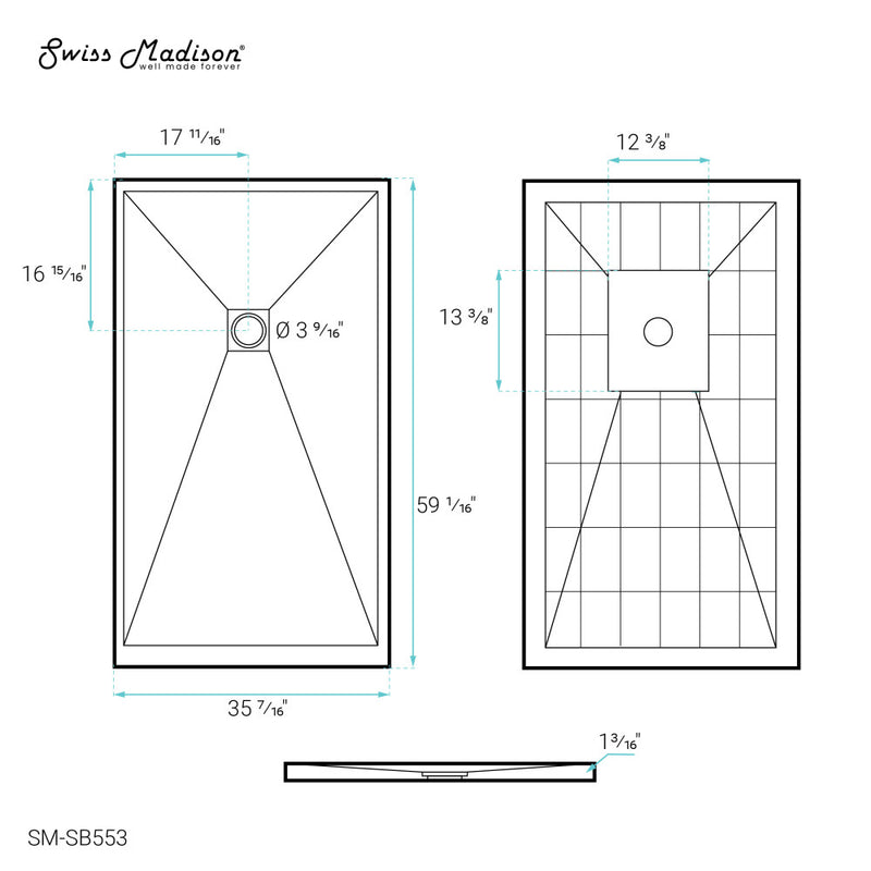 Terre P Series 60" x 36" Reversible Drain Shower Base