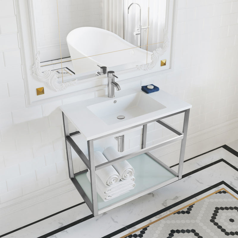 Pierre 30 Single, Open Shelf, Chrome Metal Frame Bathroom Vanity