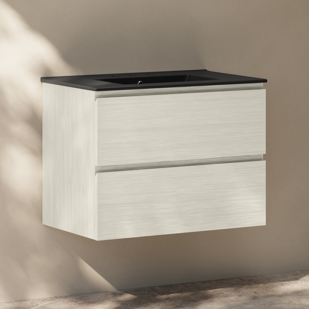 Liberte 30" Wall-Mounted Bathroom Vanity in White Oak with Black 3-Hole Widespread Sink Top