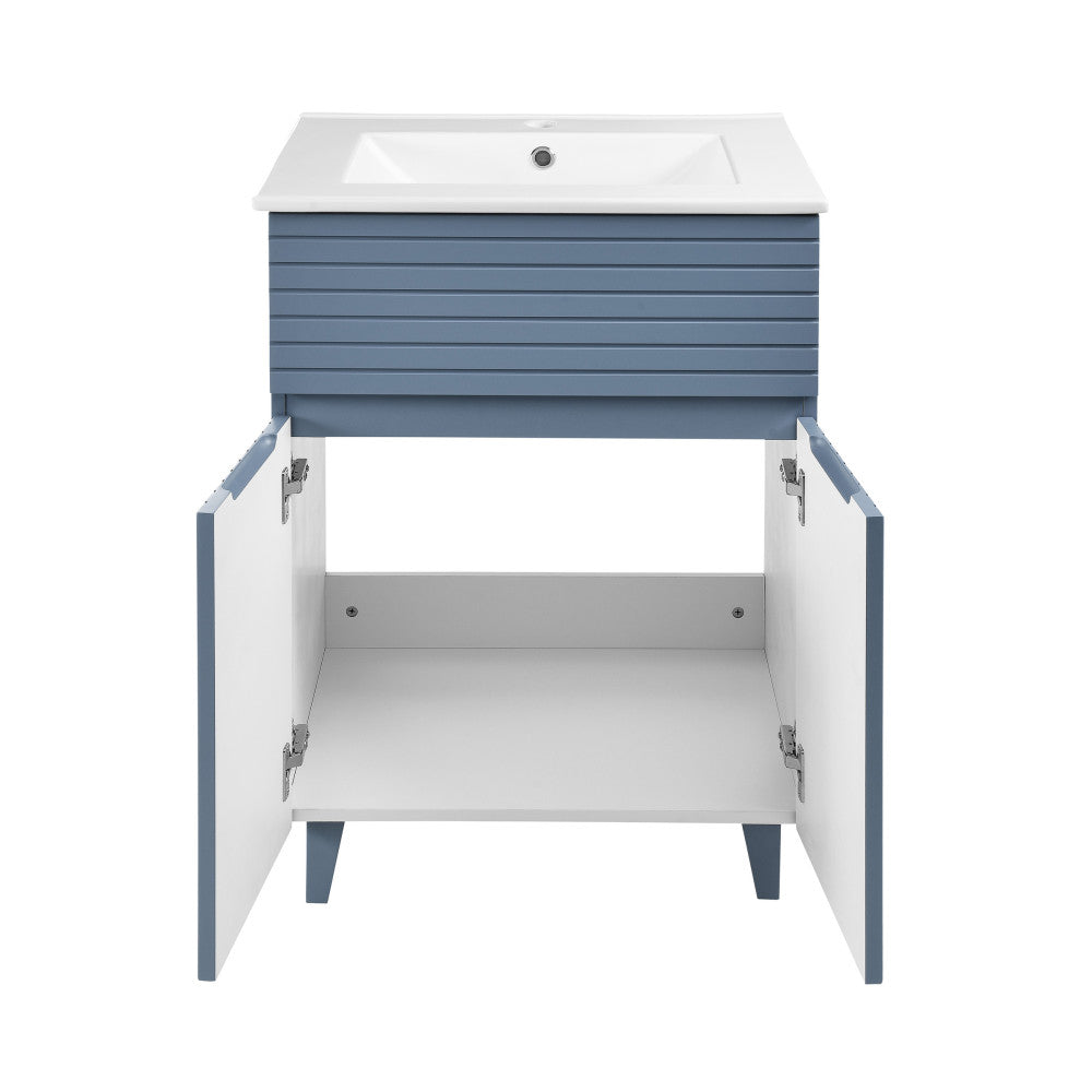 24-inch freestanding bathroom vanity in blue heather with single sink and soft-close doors.