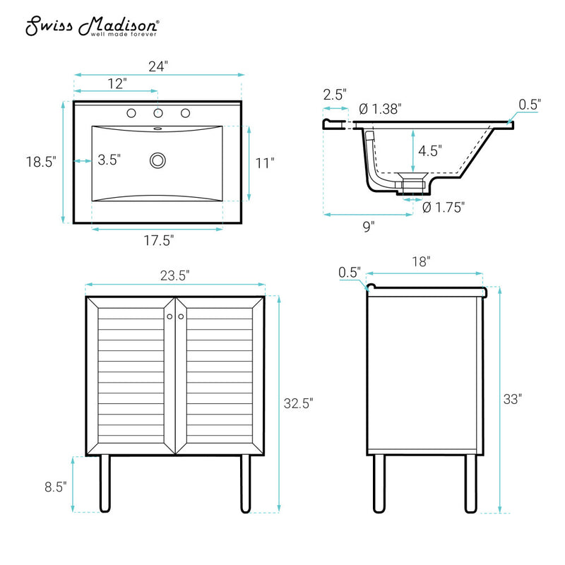 Bron 24" Freestanding Bathroom Vanity in White Oak with 3-Hole Widespread Sink Top