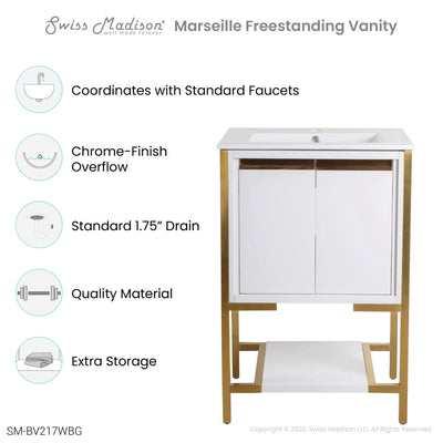 Marseille 24" Bathroom Vanity in White and Brushed Gold