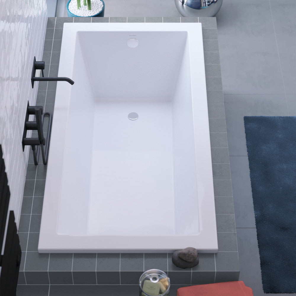 Drop-in bathtub 48 x 32 inch, reversible drain, rectangular white acrylic design.