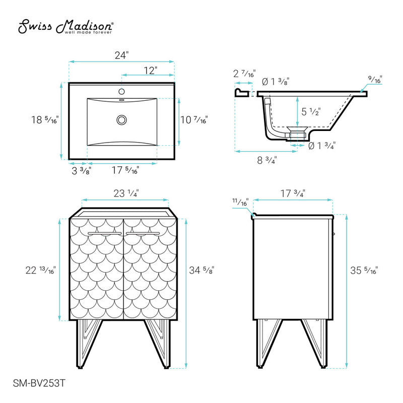 Annecy 24" Freestanding Bathroom Vanity in Teal with Sink Top