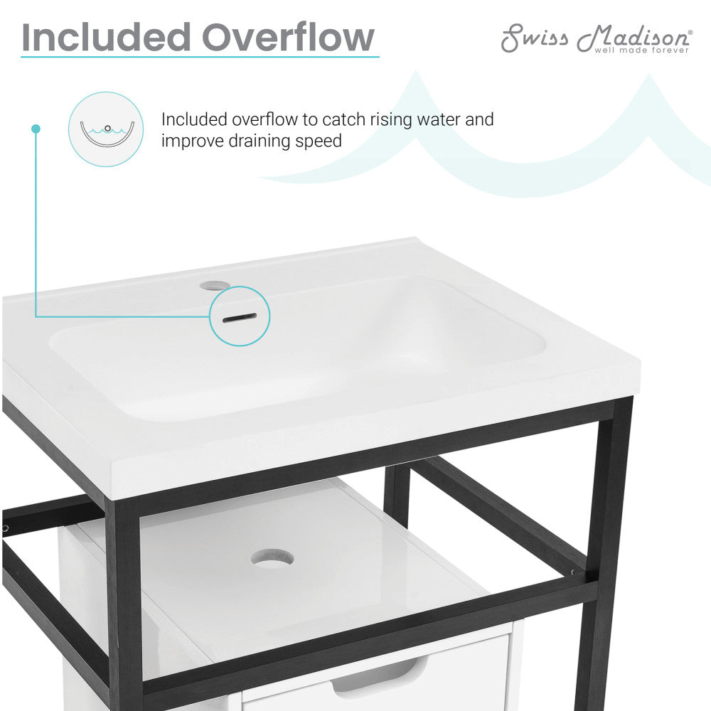 24-inch freestanding bathroom vanity with single white sink top and black open frame base.