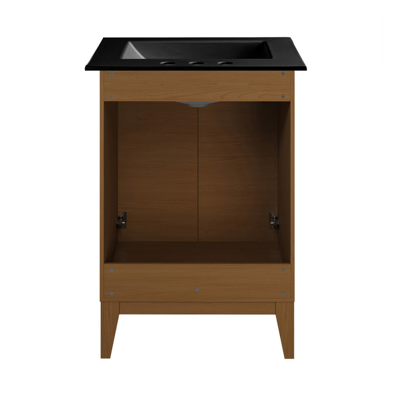 Cascade 24 in. Brown Oak Bathroom Vanity With Black, 3-Hole Ceramic Sink Top