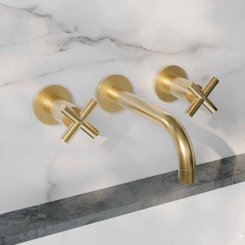 Ivy 8 in. Widespread Double Cross-Handle Wall Mount Bathroom Faucet in Brushed Gold