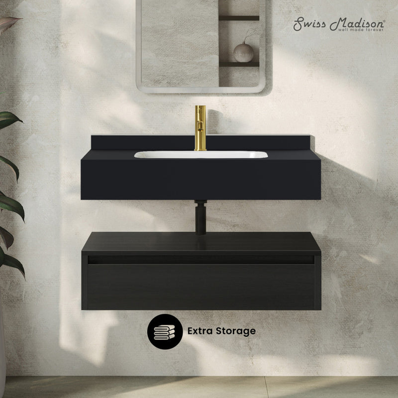 Avancer 36" Wall-Mounted Bathroom Vanity in Black Oak with Black Marble Sink Top