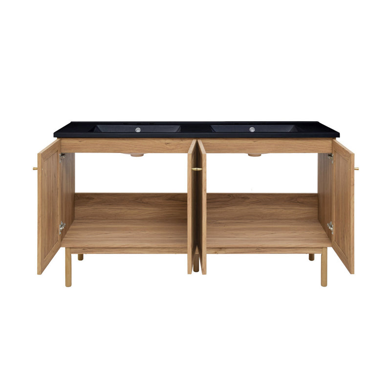 Classe 60" Freestanding Bathroom Vanity in Golden Oak with Black 3-Hole Widespread Double Basin Sink Top