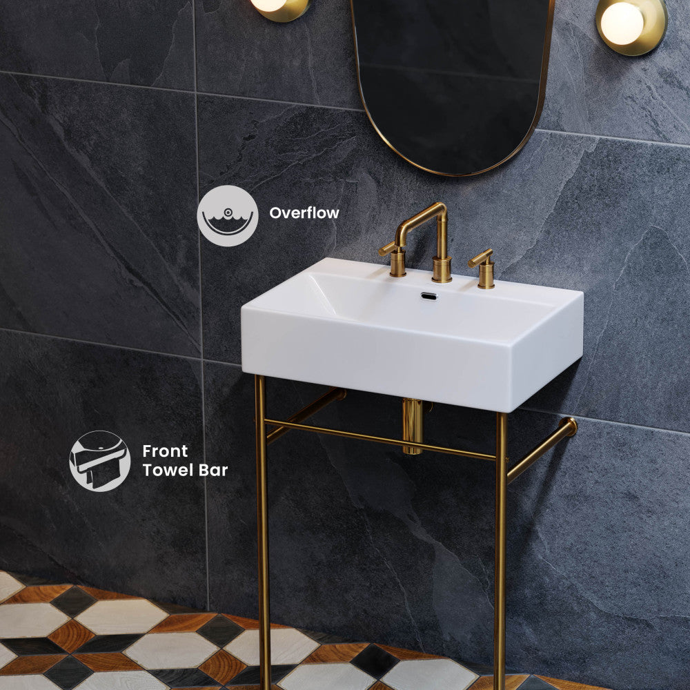 Claire 30" Console Sink White Basin Brushed Gold Legs with 8" Widespread Holes