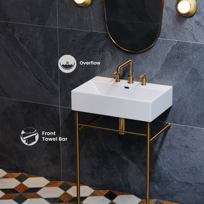 Claire 30" Console Sink White Basin Brushed Gold Legs with 8" Widespread Holes