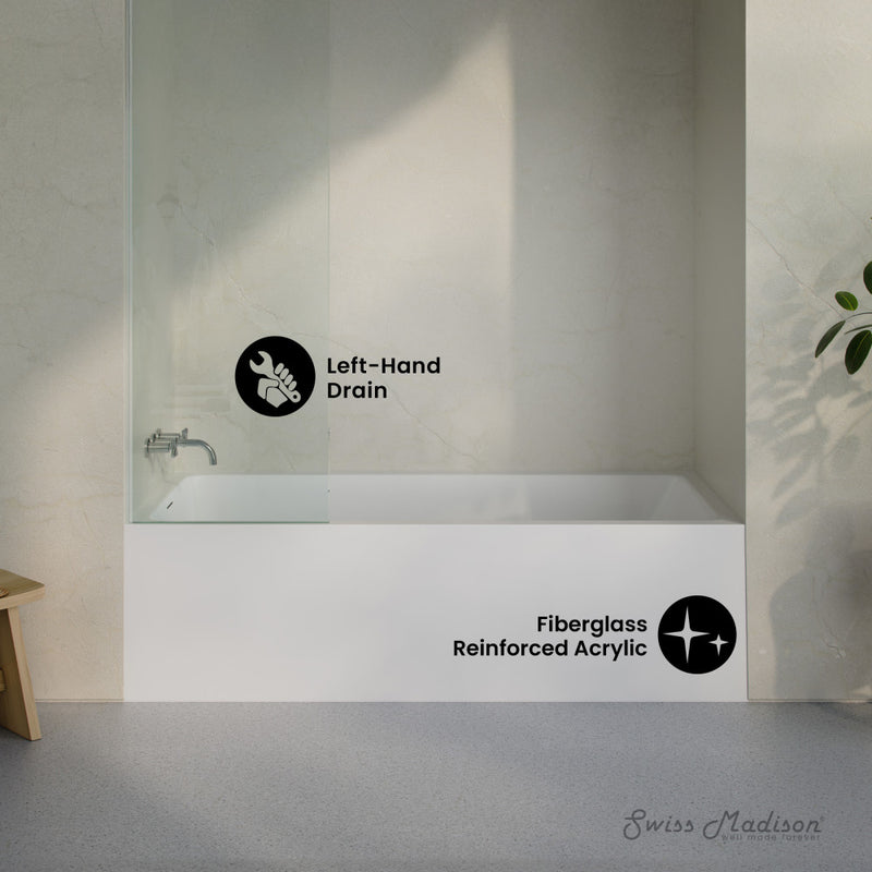 Voltaire 72 x 32 Skirted Left Drain Soaking Alcove Bathtub in Glossy White, Drain Included