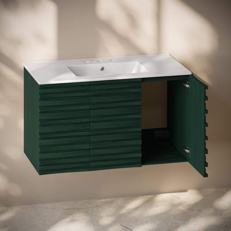 Cascade 36" Wall-Mounted Bathroom Vanity in Green Oak with 3-Hole Widespread Sink Top