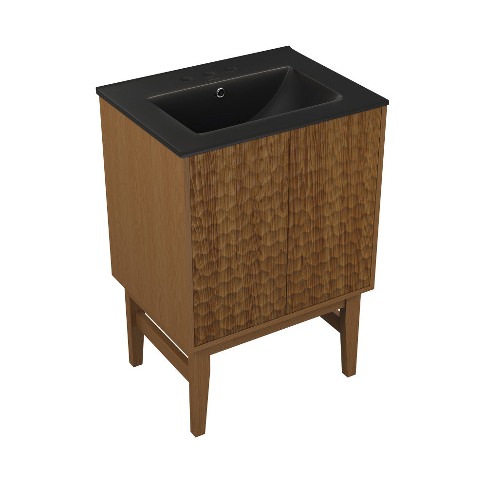 Bosse 24" Freestanding Bathroom Vanity in Brown Oak with Black 3-Hole Centerset Sink Top