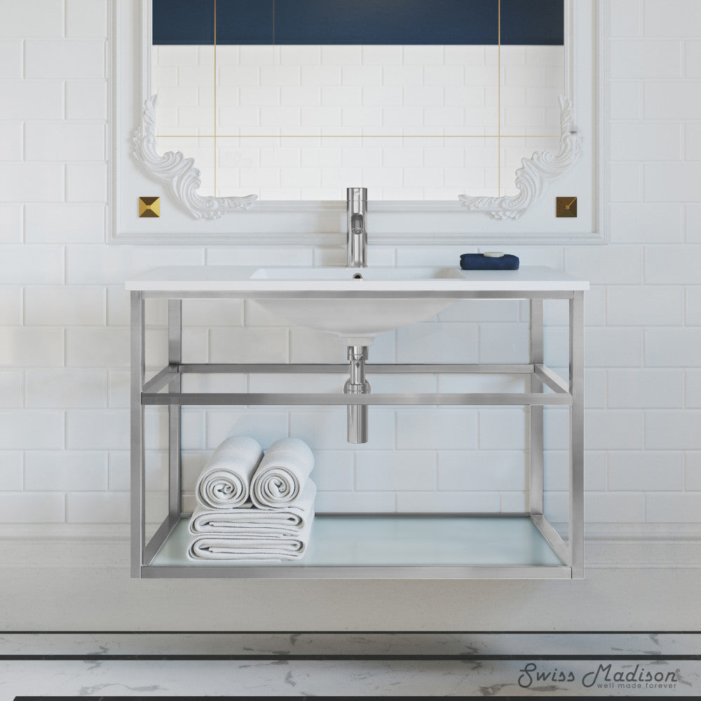 Pierre 36" Open Shelf Chrome Frame Wall-Mounted Bathroom Vanity with Sink Top