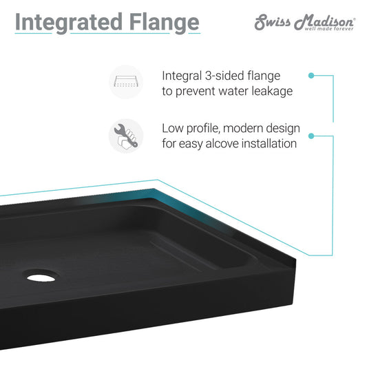 Square black acrylic shower base 36x36 inch with integral flange and center drain.