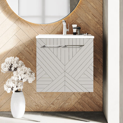 24-inch freestanding greige bathroom vanity with single sink and soft-close doors.