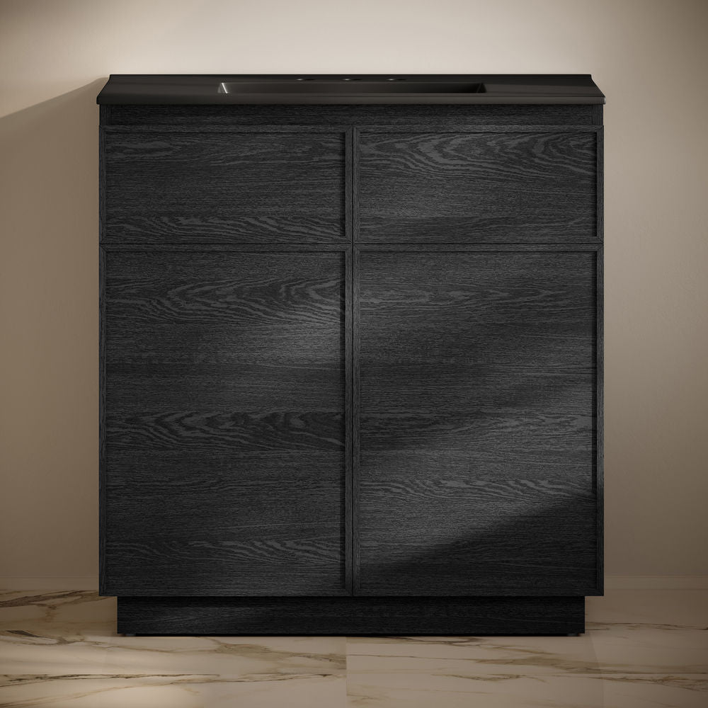 St. Tropez 36" Freestanding Bathroom Vanity in Black Oak with Black 3-Hole Widespread Sink Top