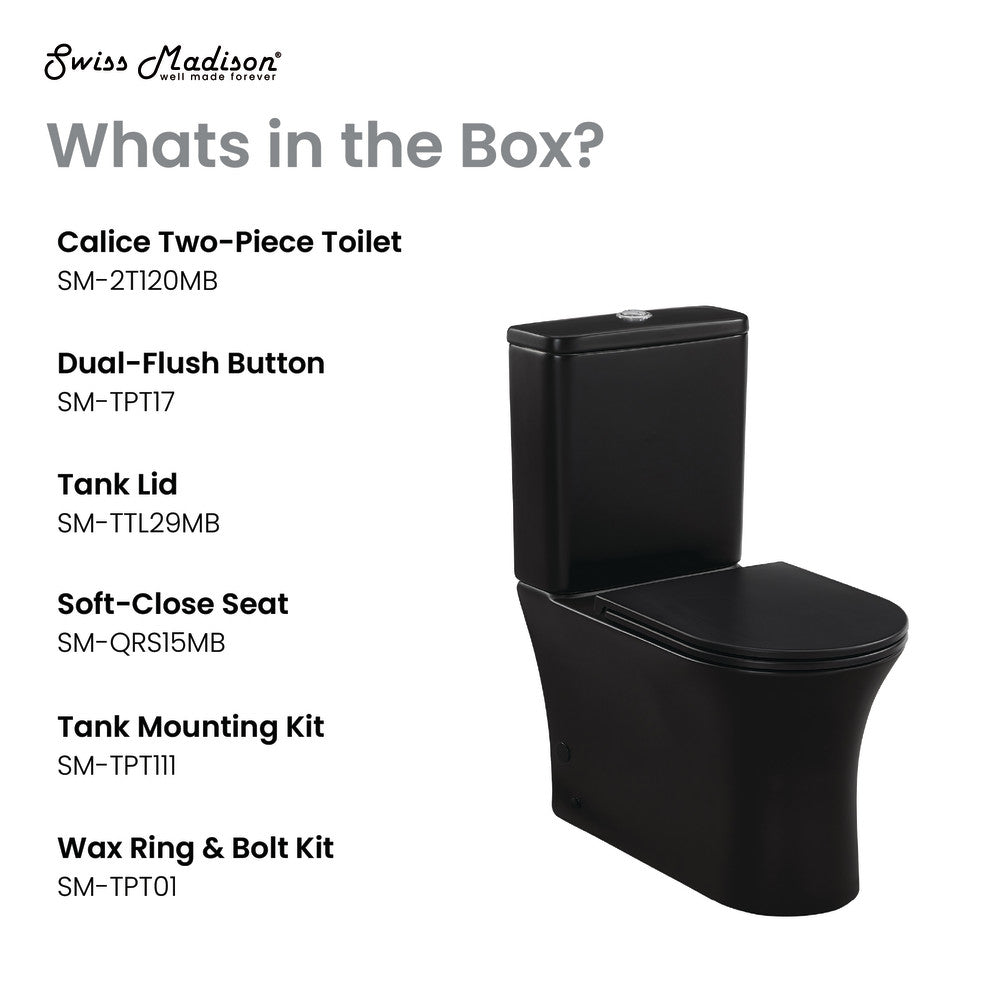 Elongated two-piece rear outlet toilet in matte black with dual-flush and soft-close seat.