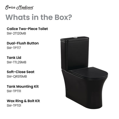 Elongated two-piece rear outlet toilet in matte black with dual-flush and soft-close seat.