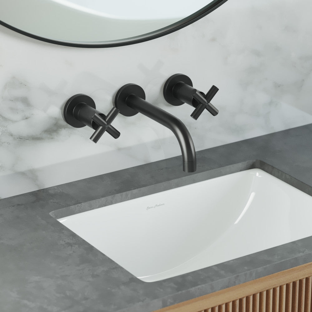 Widespread double cross-handle wall-mount bathroom faucet in matte black with curved spout.