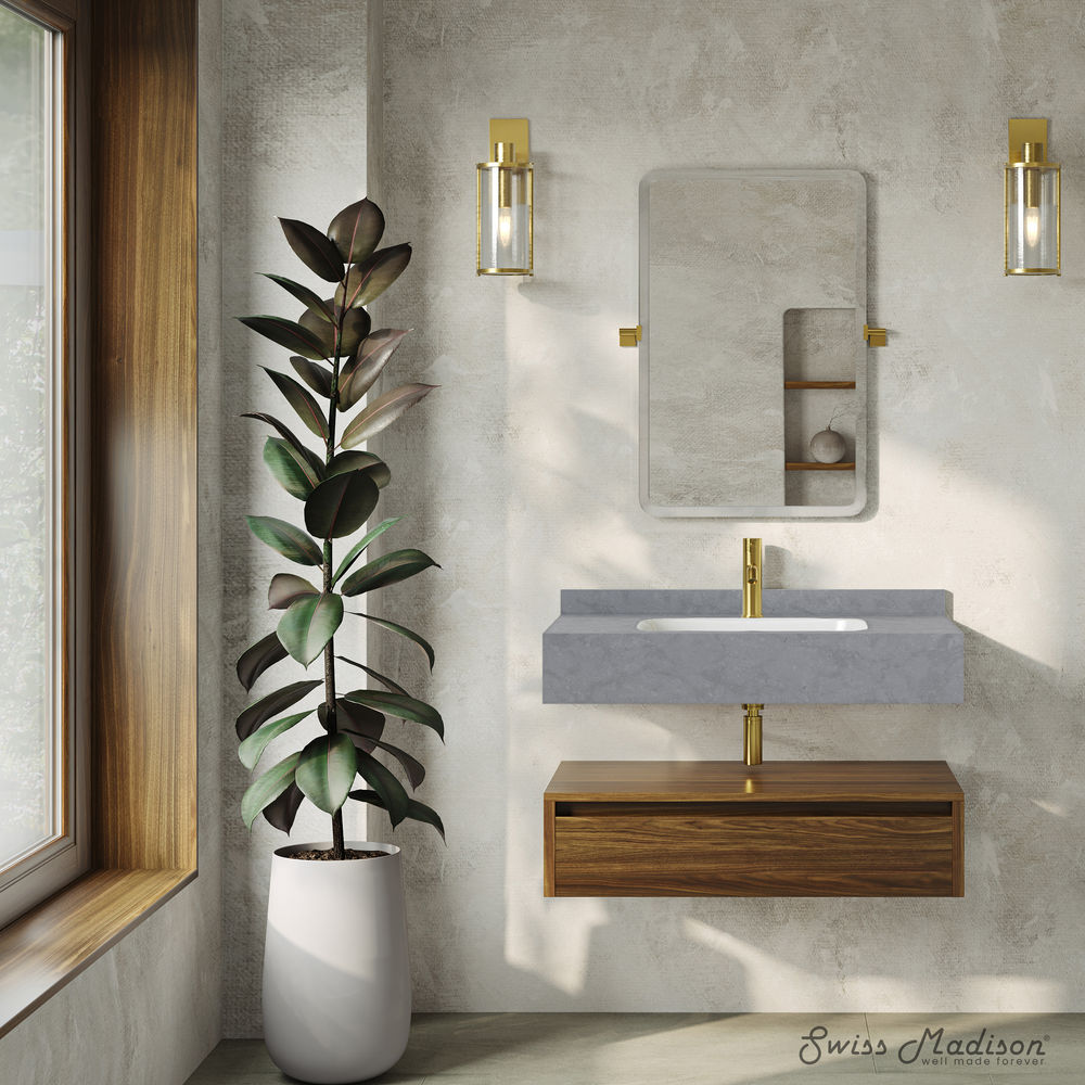 Avancer 36" Wall-Mounted Bathroom Vanity in Brown Oak with Charcoal Gray Sink Top
