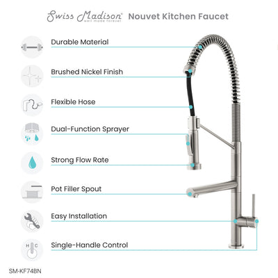 Nouvet Single Handle, Pull-Down Kitchen Faucet with Pot Filler in Brushed Nickel