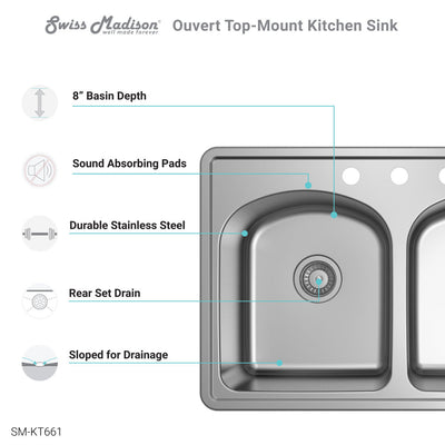 Ouvert 33 x 22 Stainless Steel, Dual Basin, Top-Mount Kitchen Sink