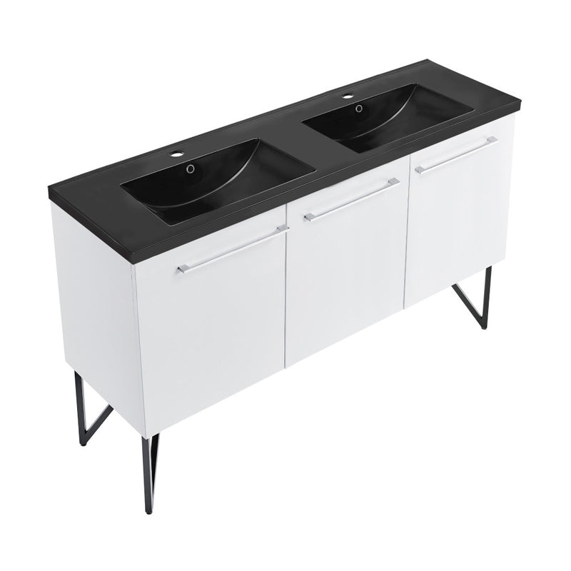 Annecy 60 in. White, Double Basin Bathroom Vanity With Black Artificial Stone Sink Top