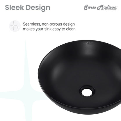 Matte black vessel sink with smooth round shape and central drain hole, seamless ceramic design.