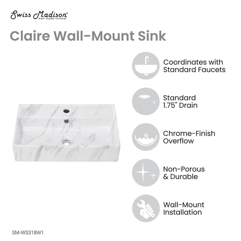 Claire 22" Rectangle Wall-Mount Bathroom Sink in White Marble