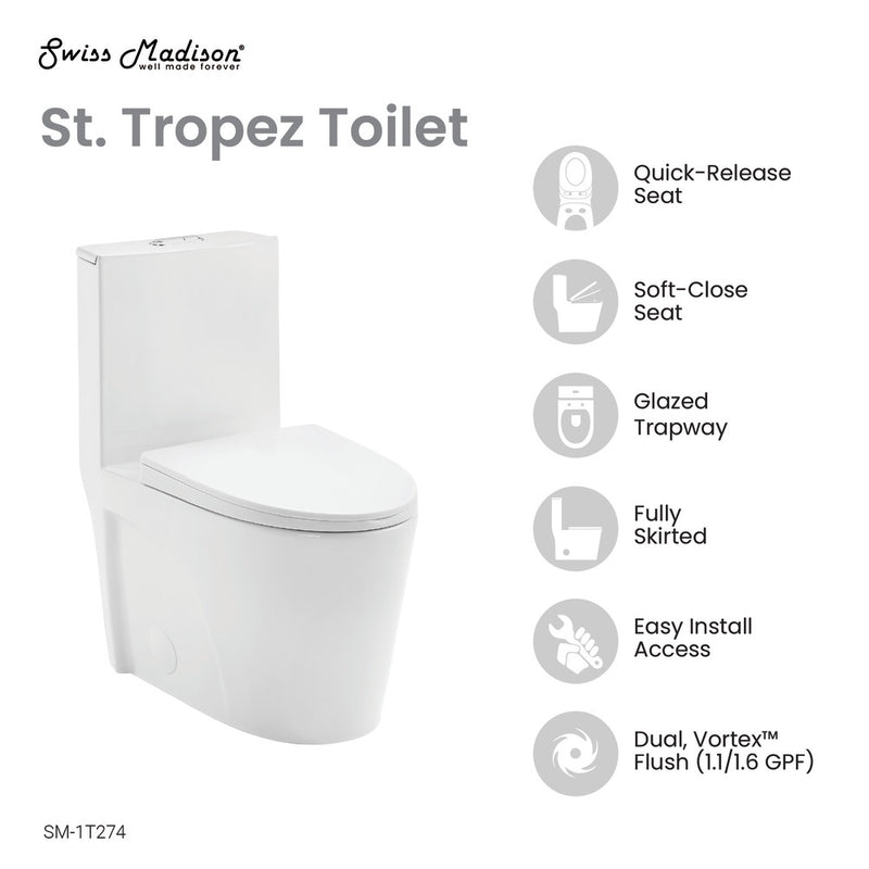 St. Tropez One Piece Elongated Toilet Dual Vortex Flush 1.1/1.6 gpf with 10" Rough In