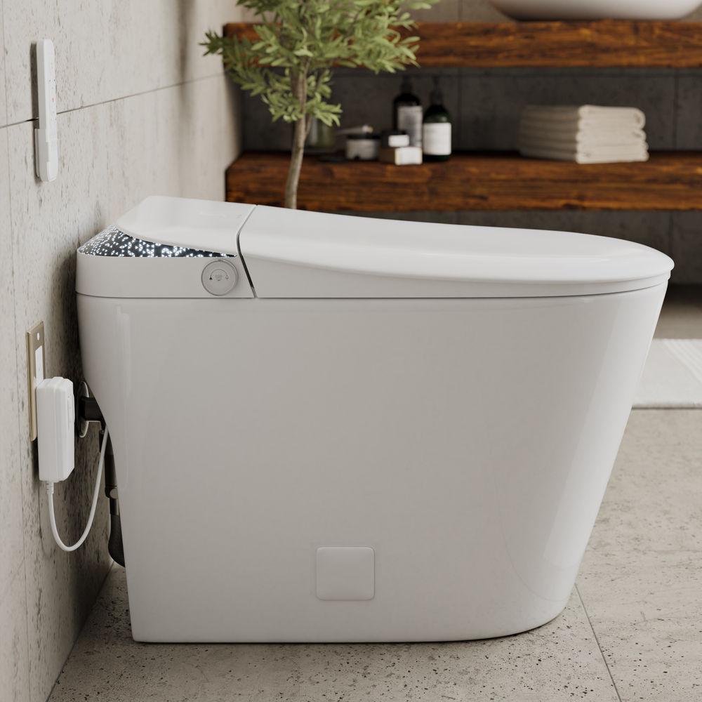 Remi Smart Toilet 12” Rough-in ADA Height in Glossy White with Integrated Tank, Auto-Open Lid, Foot Sensor