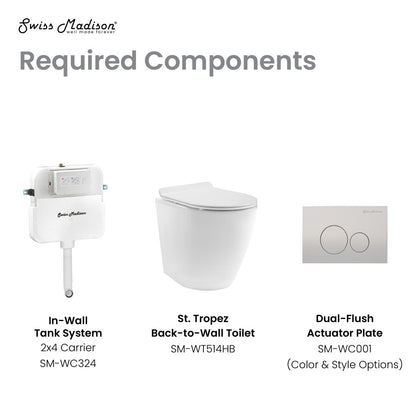 Elongated back-to-wall toilet bowl with concealed tank and black hardware, dual-flush actuator plate.