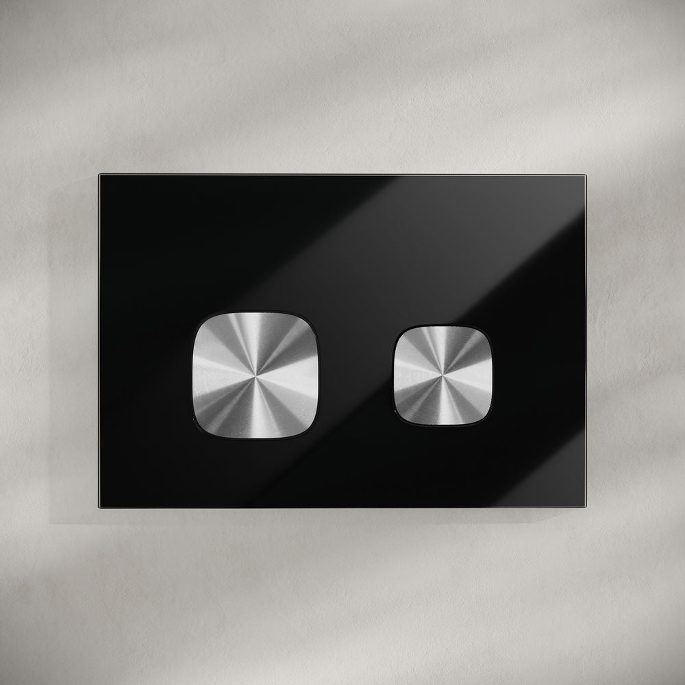 Verre Wall Mount Dual Flush Glass Actuator Plate in Glossy Black with Silver Flush Buttons