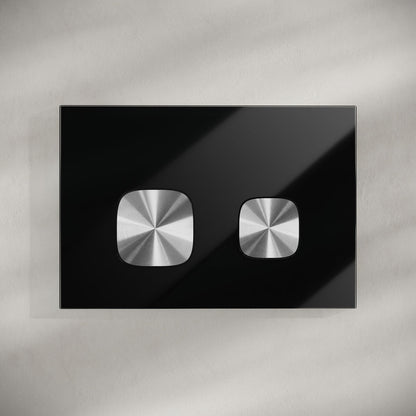 Verre Wall Mount Dual Flush Glass Actuator Plate in Glossy Black with Silver Flush Buttons