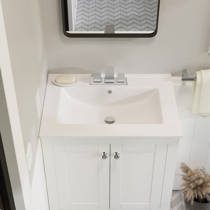24-inch white centerset vanity sink top with integrated basin and three-hole faucet mounting.