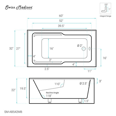 Voltaire 60" x 32" Right-Hand Drain Alcove Bathtub with Apron in Matte Black