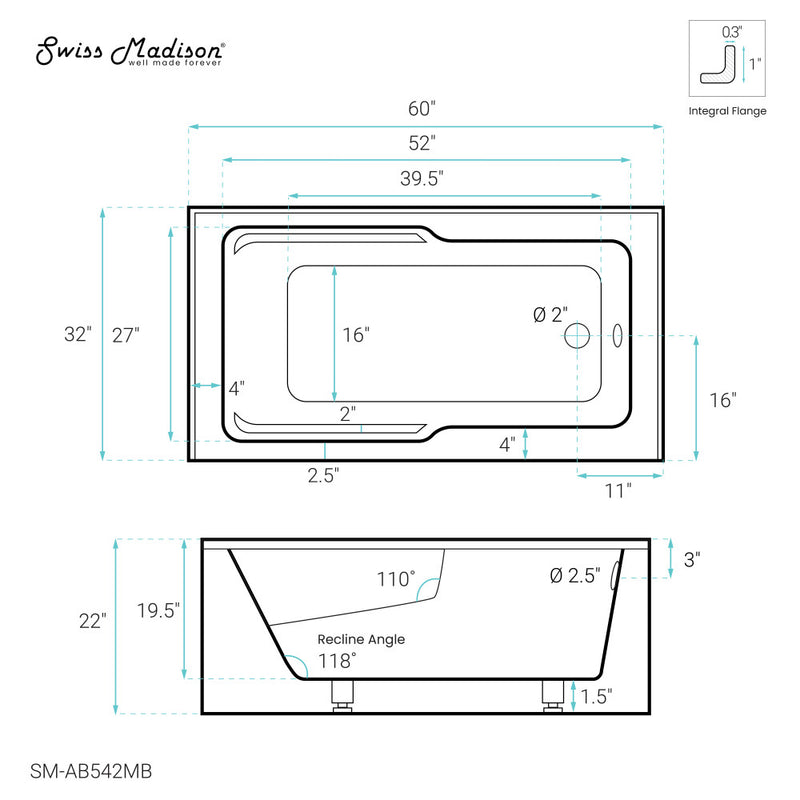 Voltaire 60" x 32" Right-Hand Drain Alcove Bathtub with Apron in Matte Black