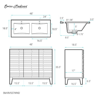 Cascade 48 in. Brown Oak, Double Basin Bathroom Vanity With White Ceramic Sink Top