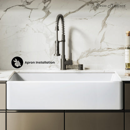 Elegance 36" x 20" Single Basin Fireclay Farmhouse Kitchen Sink in Glossy White with Stainless Steel Grid