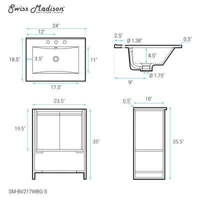 Marseille 24 in. White Bathroom Vanity With White, 3-Hole Ceramic Sink Top