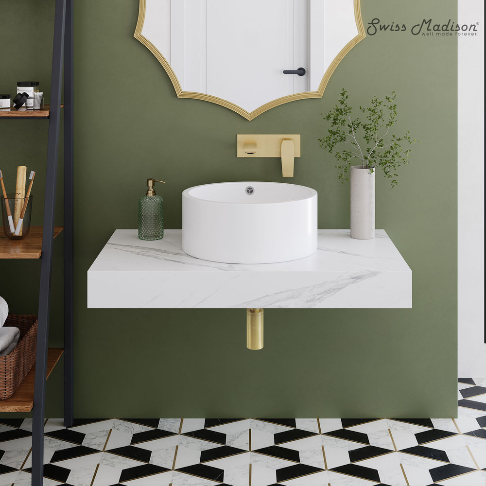 Monaco 36" Floating Bathroom Shelf with Vessel Sink in White Marble