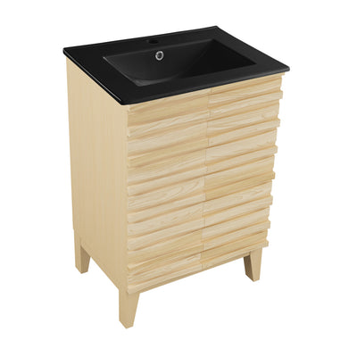 Cascade 24 in. Natural Oak Bathroom Vanity With Black Ceramic Sink Top